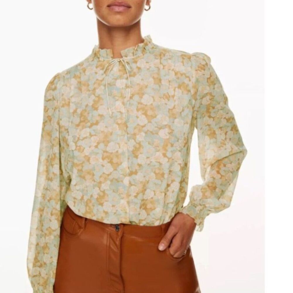 Wilfred Aritzia Beige Ivory Blue Floral Chiffon Ruffle Button Front Blouse Size